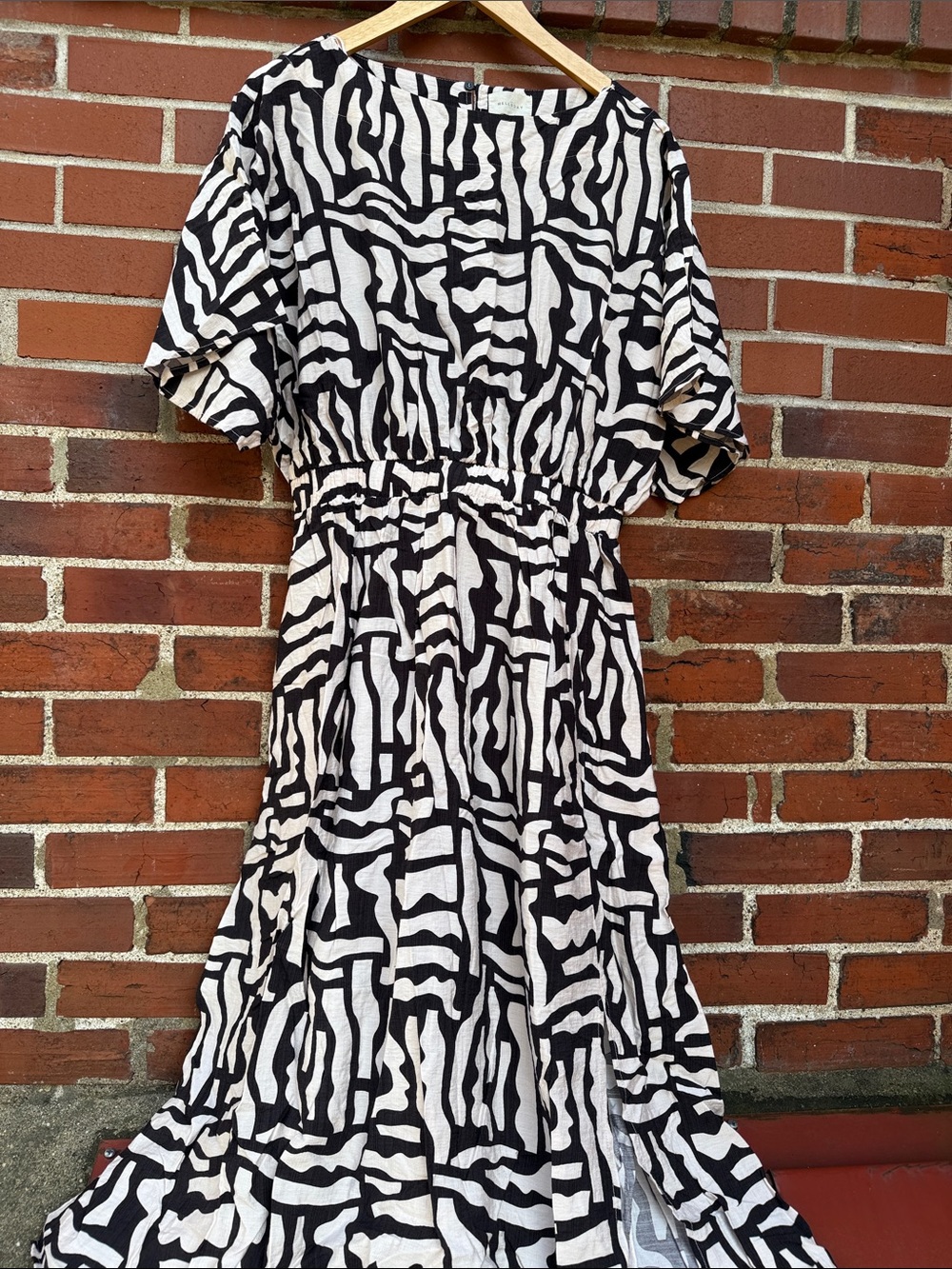 MELLODAY Black and White Abstract Printed Midi Dress XL, Pockets, Elastic Waist